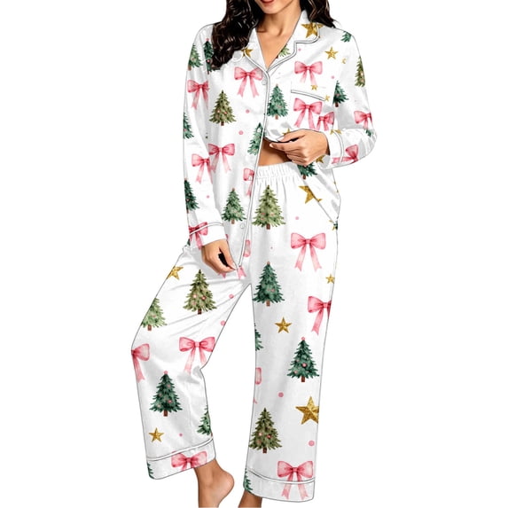 Vetsdori 2 Pieces Pajamas Sets for Women Christmas Pockets Sleepwear Long Sleeve with Pants Button up PJS Gifts,Collared Soft Ladies Homewear Pj Sets