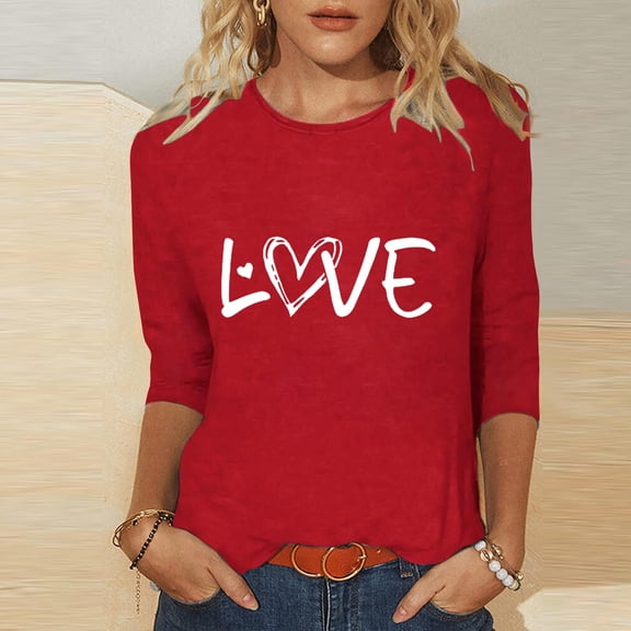 Vetsdori 3/4 Sleeve T-Shirts for Women Summer Valentine Blouses,Pullover Crew Neck Graphic Casual Ladies Tops Cute