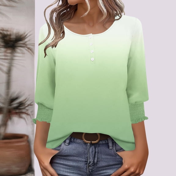 Vetsdori 3/4 Sleeve Tops for Junior Button up Pullover Tunic Casual Dressy Crew Neck,Graphic Womans T-shirts Summer