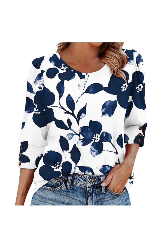 3/4 Sleeve Tops for Junior Plus Size Pullover Trendy Button up Summer Tunic,Graphic Womans Blouses Crewneck