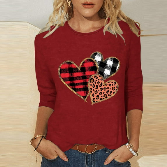 Vetsdori 3/4 Sleeve Tops for Women Casual Plus Size Blouses Summer Valentine Graphic,Gifts for Girlfriend Crew Neck Juniors Shirts Fashion