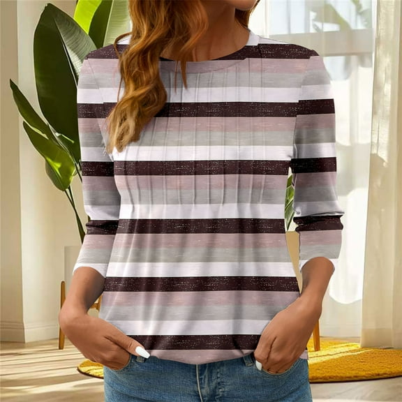 Vetsdori 3/4 Sleeve Tops for Women Plus Size Pullover Trendy Dressy,Striped Tunic Round Neck Womens T-shirts Summer