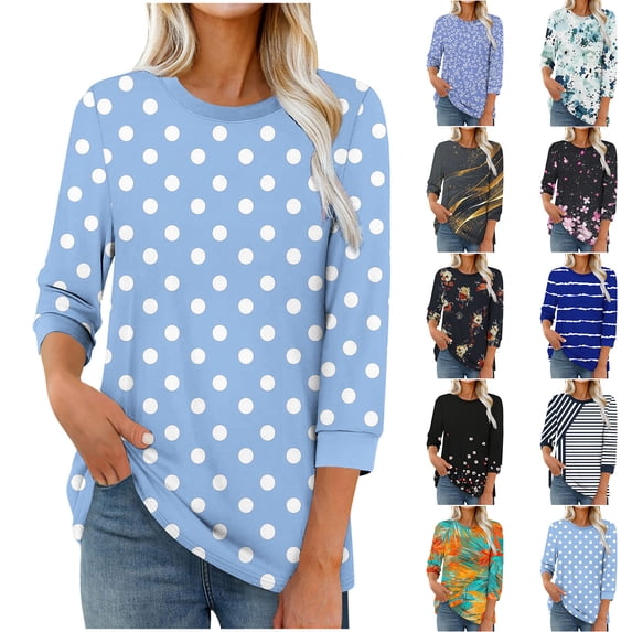 Vetsdori 3/4 Sleeve Tops for Women Pullover Tunic Dressy,Casual Summer Crew Neck Womans Blouses Polka Dots