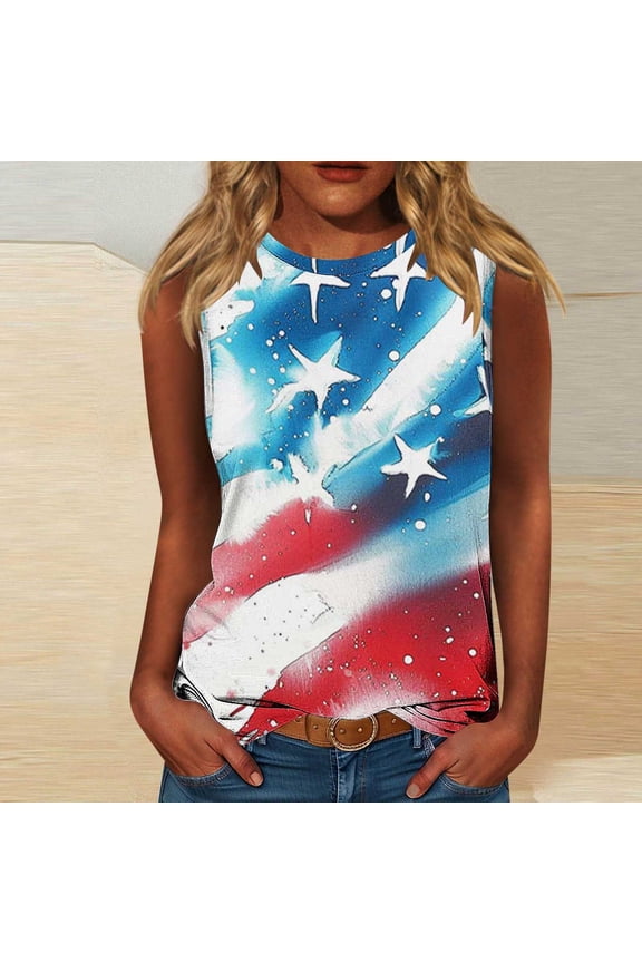 4th of July Tank Tops for Women Plus Size Summer Sleeveless Tshirts Red White and Blue Work Casual Independence Day Camisole Undershirts Juniors Tops Patriotic