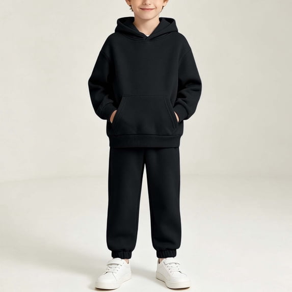 Vetsdori Athletic Outfits Sets for Boys Cotton Pockets Casual Fleece, Solid Color Long Sleeve Hoodies and Joggers Winter 2 Pieces Kids Clothing, Black, Size: 12-13 Years
