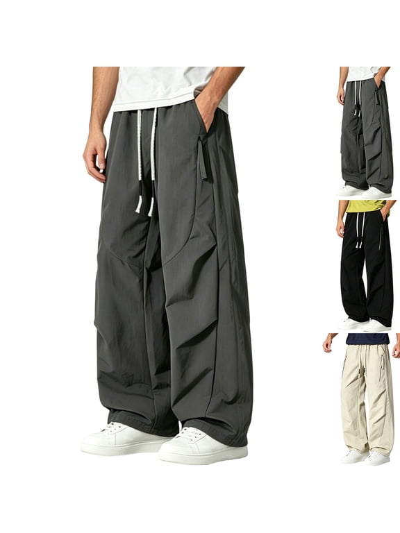 Black Pants for Men's Cargo Elastic Waist Pockets Pantalones Workout Drawstring Travel Wide Leg Stylish Mens Trousers Outdoor