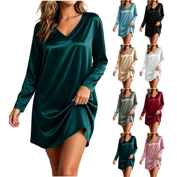 Vetsdori Black Winter Women Solid Color V-Neck Long Sleeves Dress Nightgown Home Furnishings Long Sleepshirts