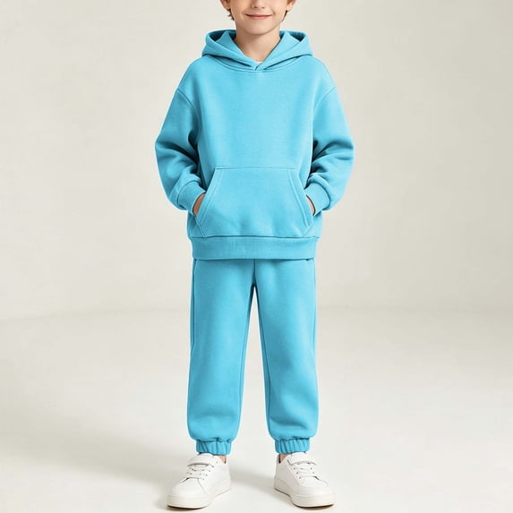 Vetsdori Boy's Athletic Outfits Cotton 2 Pieces Fleece Pockets, Hooded Casual Long Sleeve Hoodies and Joggers Solid Color Clothing for Kids, Sky Blue, Size: 1-2 Years
