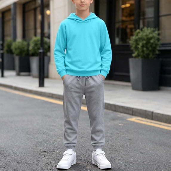 Vetsdori Boys 2 Pieces Outfits Sets Pockets Winter Casual Elastic Waist Solid Color Sports, Hooded Clothing for Kids Long Sleeve Hoodies and Joggers, Light Blue, Size: 7-8 Years
