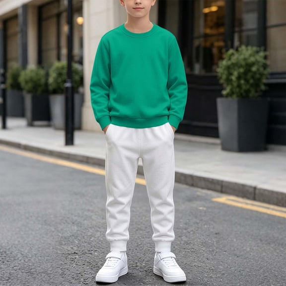 Vetsdori Boys 2 Pieces Outfits Winter Outdoor Cotton Elastic Waist, Pockets Crew Neck Solid Color Long Sleeve Tops and Joggers Clothing for Kids, Green, Size: 3-4 Years