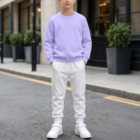 Vetsdori Boys Cotton Outfits Sets 2 Pieces Pockets Casual Elastic Waist Crew Neck Long Sleeve Tops and Joggers, Winter Clothing for Kids Sports, Purple, Size: 11-12 Years