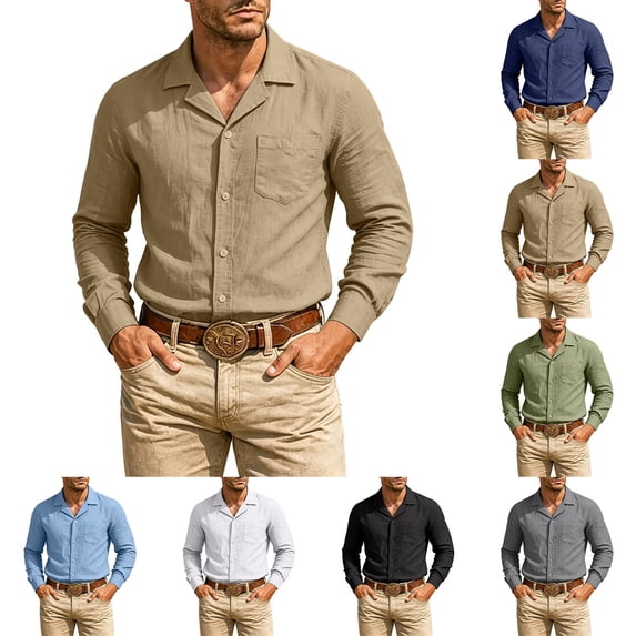Vetsdori Button Up Tops for Men Pocket Linen Work Long Sleeve Casual Winter Stylish Plain Mens Shirts