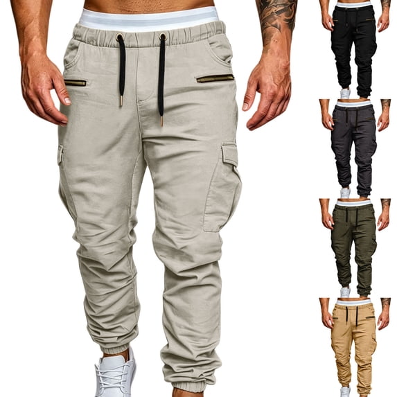 Vetsdori Cargo Pants for Men Breathable Khaki Zipper Pocket Drawstring Elastic Waist Travel Pantalones Casual Joggers Mens Trousers Sport
