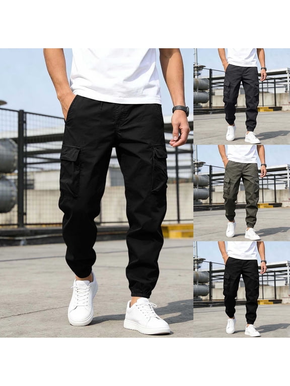 Elastic Waist Pants for Men Cargo Black Pockets Big and Tall Workout Work Pantalones Stylish Joggers Mens Pants