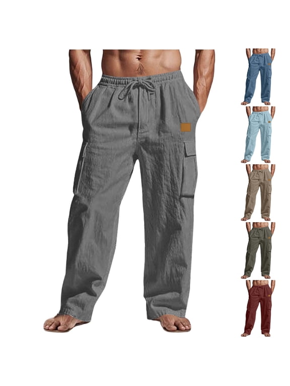 Elastic Waist Pants for men Cotton Linen Outdoor Pockets Drawstring Cargo Pantalones Athletic Trendy Mens Trousers Straight Leg