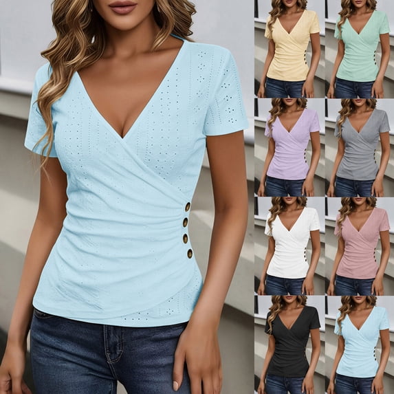 Vetsdori Fashion Women's Work Summer Plain V-Neck Casual Short Sleeve Button T-Shirt Top