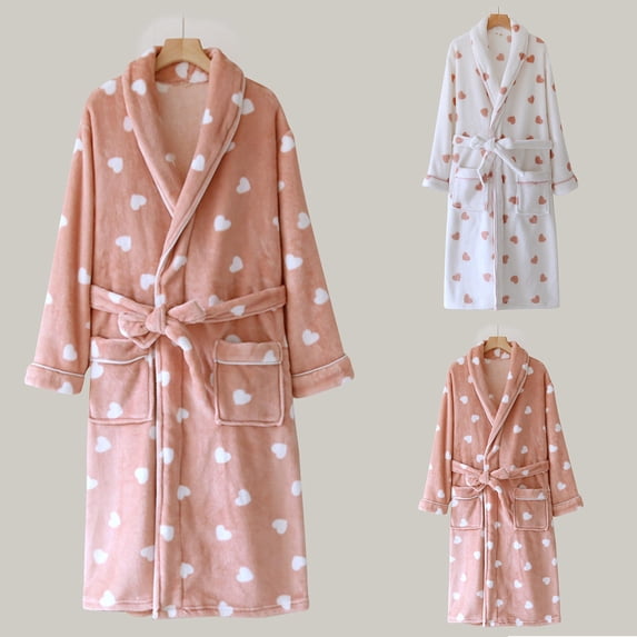 Vetsdori Fleece Robes for Women Long Length Strap Night Gowns Heart Print Cozy Loungewear Cute Ladies Bath Robes House