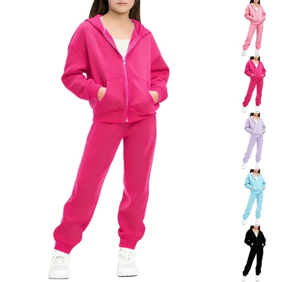 Vetsdori Full Zipper Outfits for Girls Solid Color Active Sets Active Suits Pockets Winter,Fleece 2 Pieces Hooded Hoodies and Jogger Pants Kids Clothing Casual,Hot Pink,Size: 7 Years