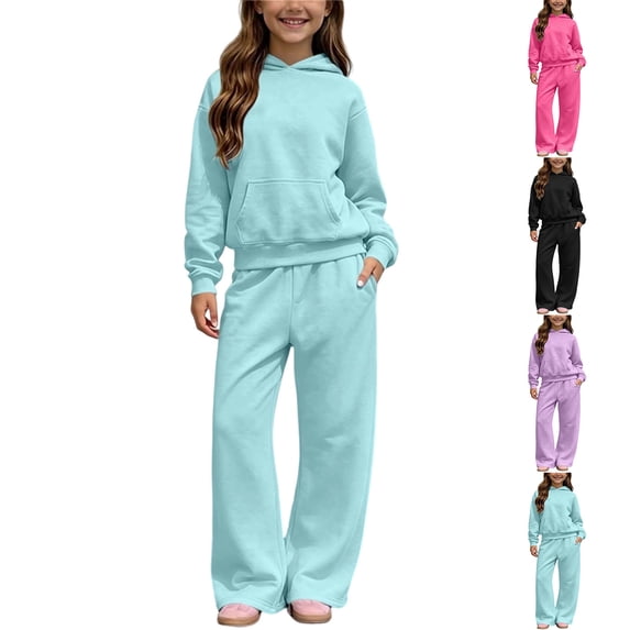 Vetsdori Girl's 2 Pieces Outfits Pullover Active Sets Active Sets Fleece Sports Solid Color Winter,Pockets Sweatshirts and Wide Leg Pants Clothing for Kids Casual,Light Blue,Size: 11 Years