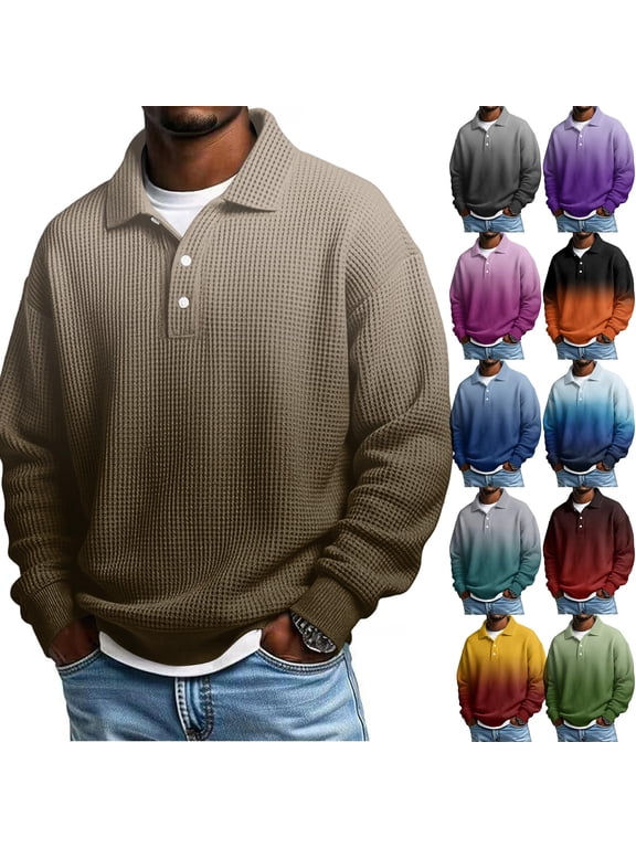 Gradient Shirts for Men Winter Waffle Outdoor Pullover Button Up Casual Long Sleeve Travel Graphic Mens T-Shirts Collar