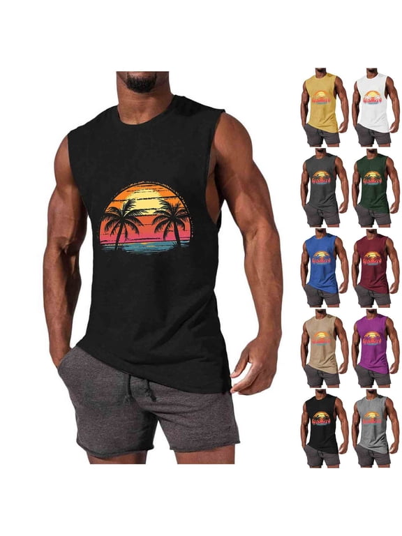 Hawaii Tank Tops for Men Sleeveless Pullover Fitness Athletic T Shirts Lightweight Round Neck,Beach Graphic Muscle Undershirts Mens Tanks Summer,S