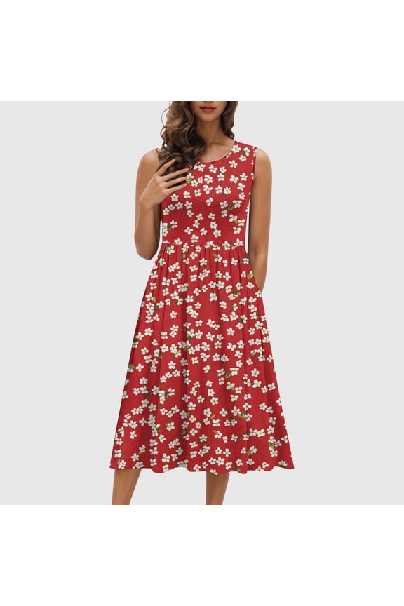 Holiday Maxi Dresses for Women Tank Sleeveless Slip Dress Graphic Summer,Sundress Red Pockets Crew Neck Juniors Dress Lightweight