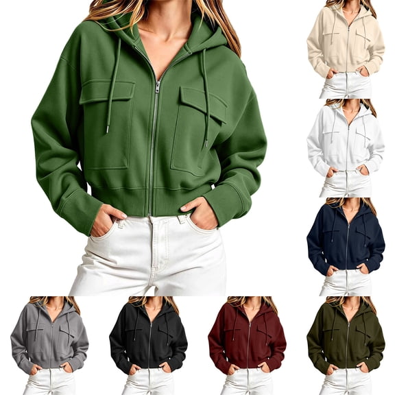 Vetsdori Hoodies Sweatshirts for Women Pockets Solid Color Zip up Hooded Winter,Long Sleeve Casual Drawstring Cargo Womens Tops Fashion