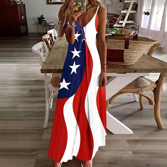 Vetsdori July 4th Maxi Dress for Women's Red White and Blue Summer Slip Dress Star Print,Backless Tank Ankle Length Patriotic Womens Dresses V-Neck