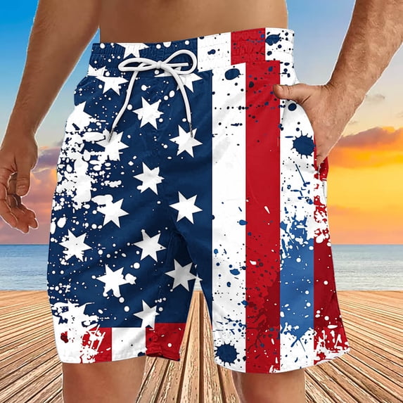 Vetsdori July 4th Swimming Trunks for Men Pockets Swimwear Elastic Waist Board Shorts,Drawstring Vacation Ropa Summer Mens Shorts American Flag