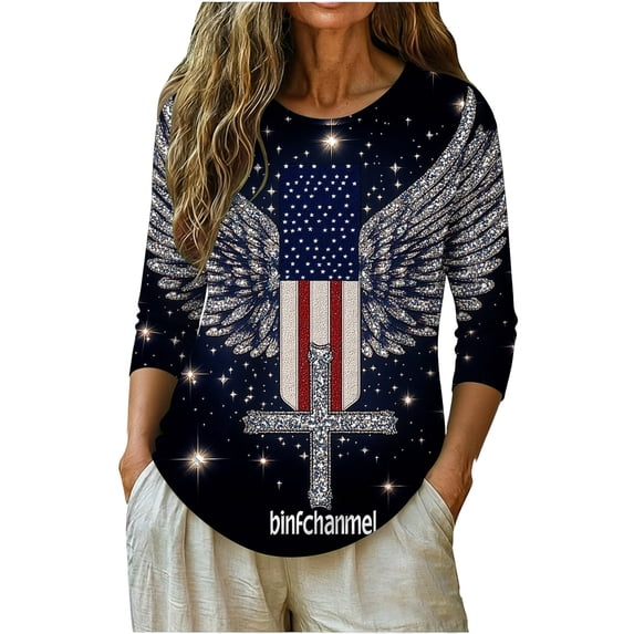 Vetsdori July Fourth T Shirts for Women American Flag Casual Pullover Graphic Red White and Blue,3/4 Sleeve Independence Day Summer Ladies Tops Crew Neck