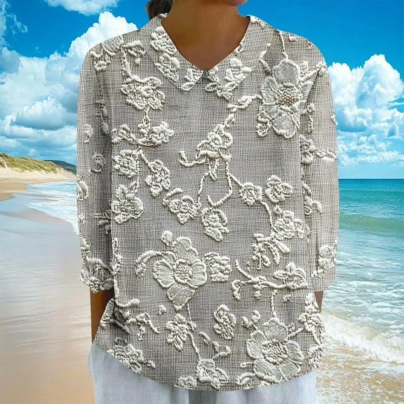 Vetsdori Juniors 3/4 Sleeve Tops Collared Holiday Pullover Dressy,Summer Round Neck T-shirts for Woman Fashion