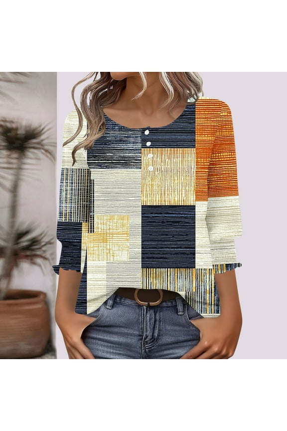 Juniors 3/4 Sleeve Tops Tunic Button up Pullover Casual Graphic,Dressy Round Neck Blouses for Woman Fashion