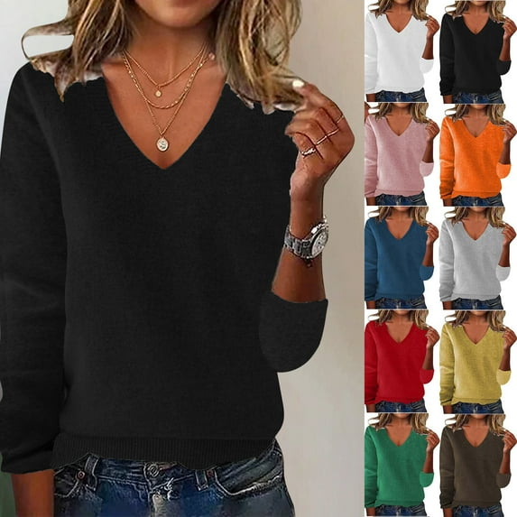 Vetsdori Knitted Sweaters for Women V-Neck Pullover Warm Long Sleeve Holiday Winter Solid Color Womens Sweaters Black