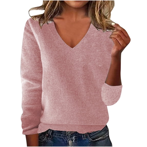 Vetsdori Knitting Sweaters for Women Soft V-Neck Pullover Warm Winter Warm Solid Color Pink Womens Sweaters