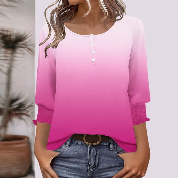 Vetsdori Ladies Button up Tops Tunic Pullover Dressy 3/4 Sleeve,Graphic Summer Fashion T-shirts for Woman Crew Neck