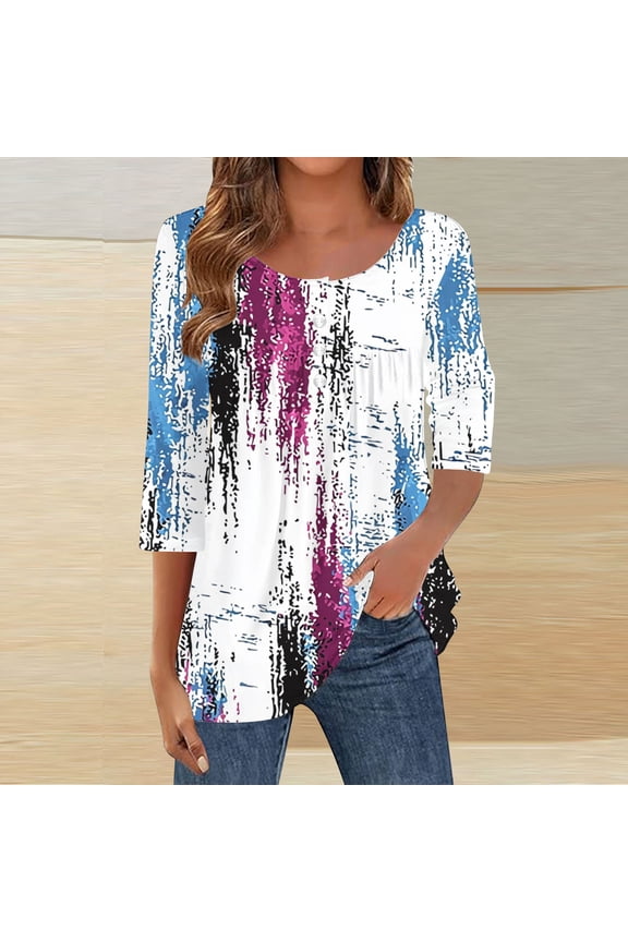 Ladies Button up Tops Tunic Summer Pullover Pleated Graphic,Holiday 3/4 Sleeve T-Shirts for Junior Gift