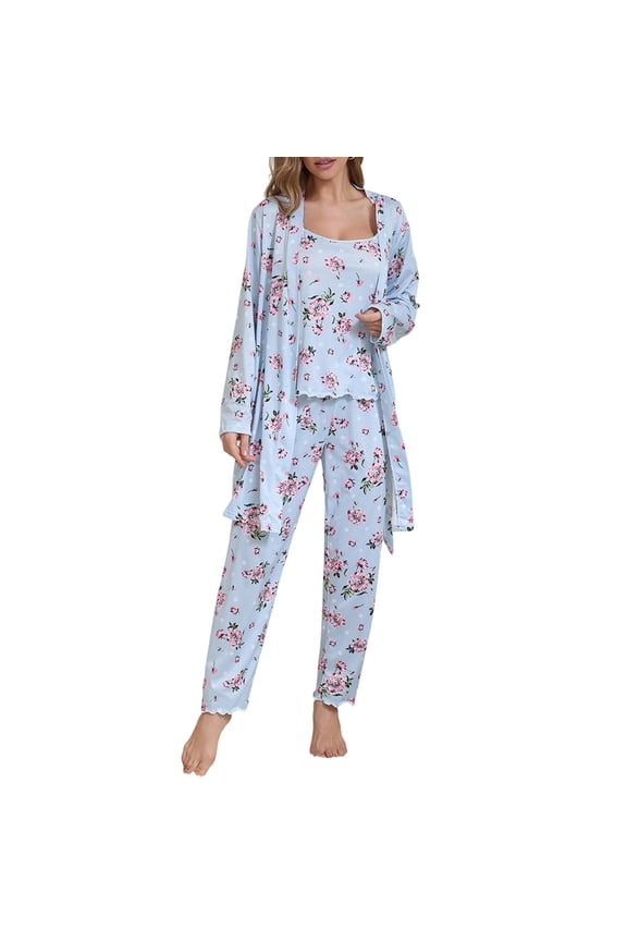 Lightweight Pajamas Sets for Women Long Sleeve Casual Nightwear Soft Sleepwear Homewear,3 Pieces Womens Pajamas Pants