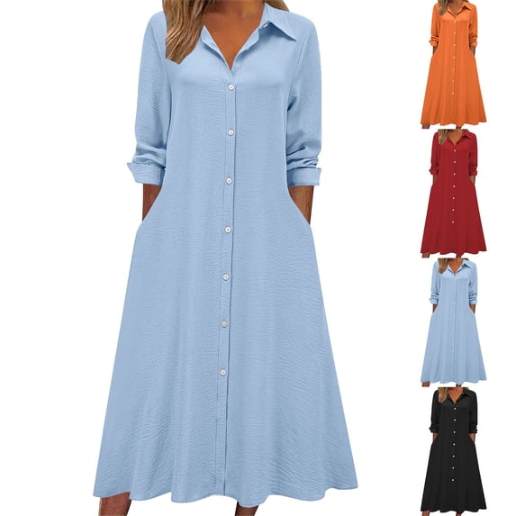 Vetsdori Long Sleeve Midi Dresses for Women Casual Dresses Collared Party Cotton and Linen,Solid Color Juniors Dress Mujer