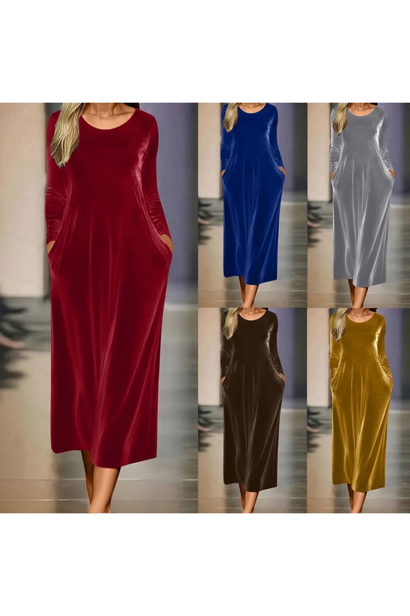 Long Sleeve Midi Dresses for Women Holiday Cocktail Dresses Crew Neck Party Formal Pockets,Velvet Juniors Dress Lightweight