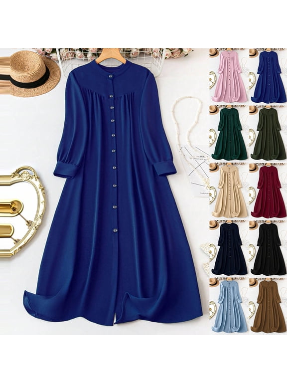 Long Sleeve Midi Dresses for Women Party Shirt Dress Dresses Crew Neck Casual Plus Size,Juniors Dress Solid Color