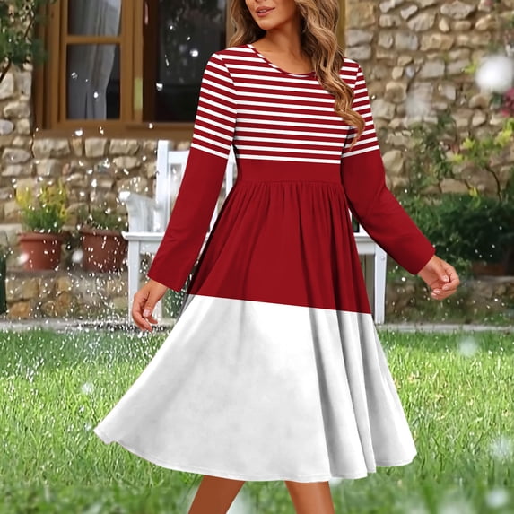 Vetsdori Long Sleeve Midi Dresses for Women Pockets Dresses Party,Tunic Crew Neck Gowns Ladies Dress Lightweight