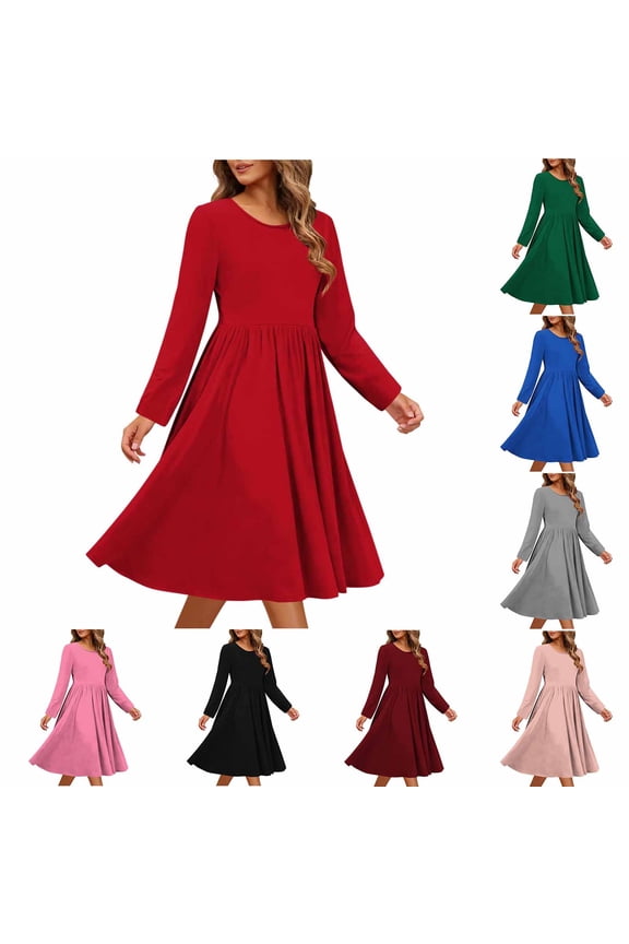 Long Sleeve Midi Dresses for Women Tunic Outfits Dresses Party Pockets,Crew Neck Juniors Dress Mujer