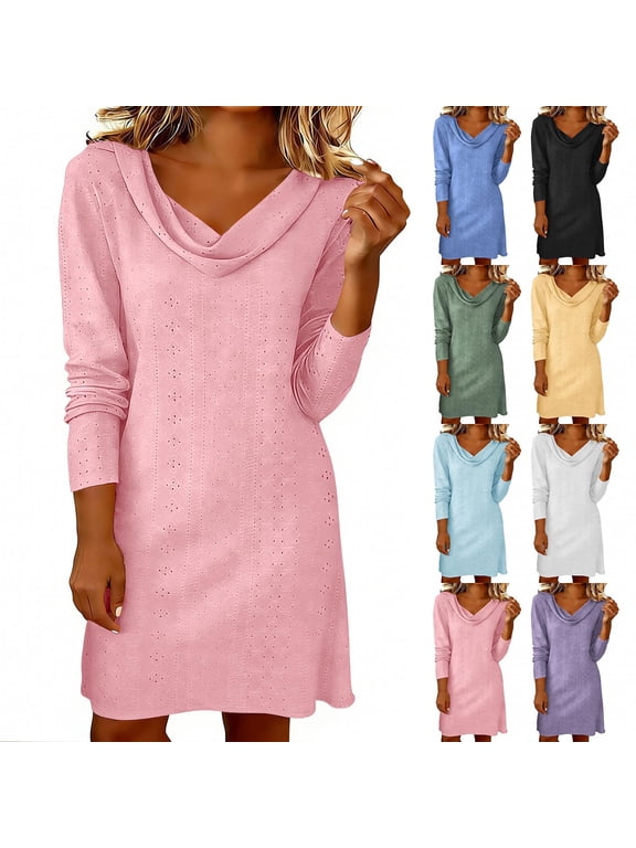Long Sleeve Mini Dresses for Women Cotton and Linen Holiday Dresses Crew Neck Semi Formal,Pleated Cocktail Party Ladies Dress Mujer