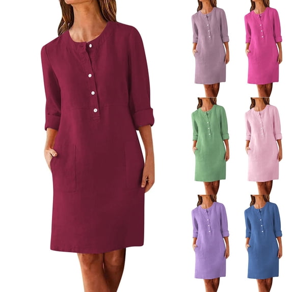 Vetsdori Long Sleeve Mini Dresses for Women Party Collared Dresses,Pockets Summer Cotton and Linen Shirt Dress Ladies Dress Gowns