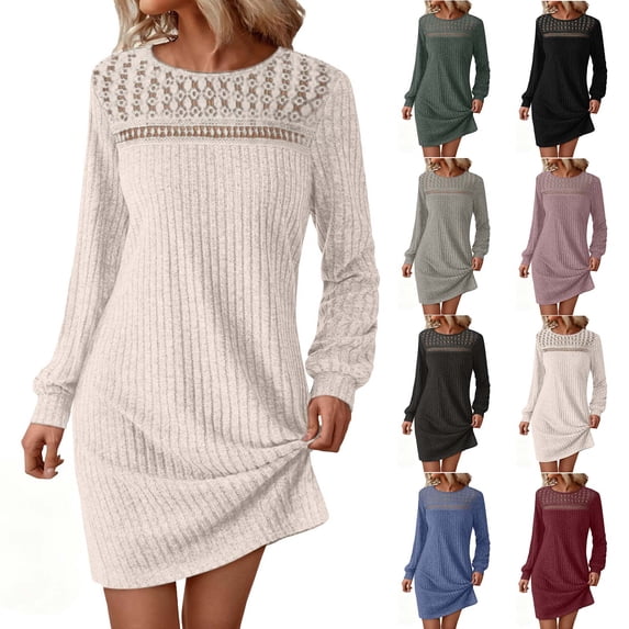 Vetsdori Long Sleeve Mini Dresses for Women Party Semi Formal Dresses Casual Wrap,Crew Neck Plain Summer Juniors Dress Lightweight