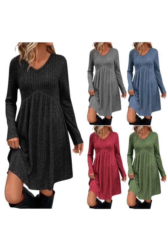 Long Sleeve Mini Dresses for Women Tunic Cotton and Linen Dresses Black V-Neck,Holiday Summer Party Mujer Juniors Dress Solid Color