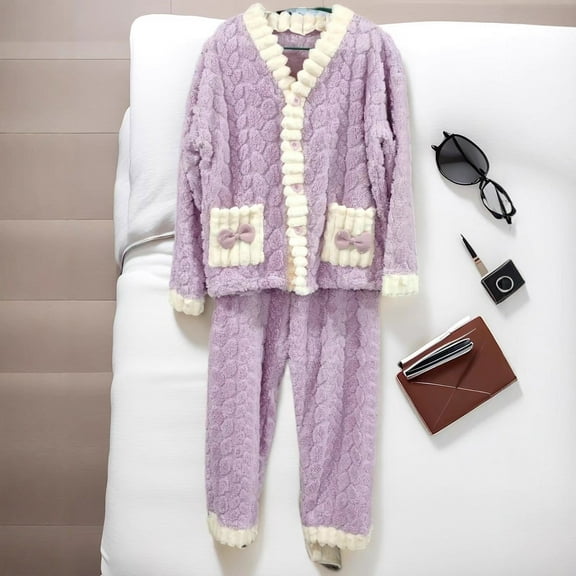 Vetsdori Long Sleeve Pajamas Sets for Women PJS Nightwear Flannel,Soft Pants Sleepwear Fleece 2 Pieces Womens Pajamas Homewear