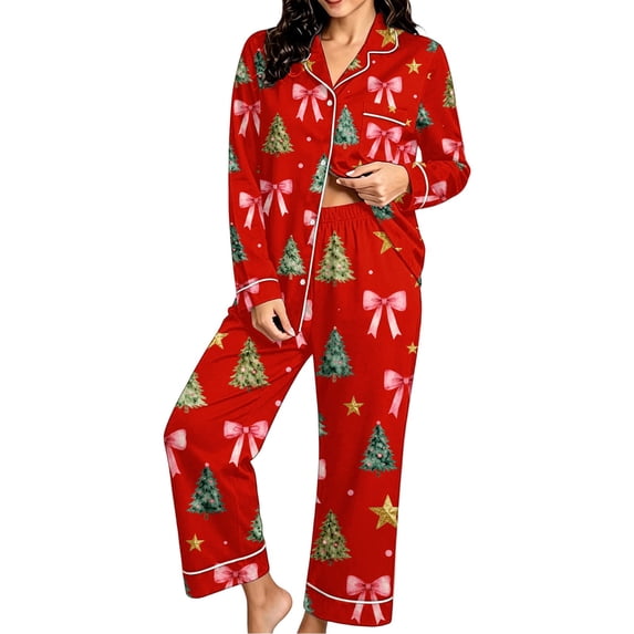 Vetsdori Long Sleeve with Pants Pajamas Sets for Women Collared Casual Sleepwear Button up Pockets,Christmas Gifts 2 Pieces Winter Ladies Homewear Soft
