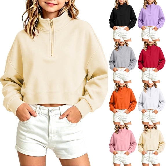 Vetsdori Long Sleeve Sweatshirts for Girl 1/4 Zipper Cute Pullover Mock Neck Sports, Casual Solid Color Back-to-School Outdoor Kids Sweatshirts Winter,Orange,Size: 11-12 Years