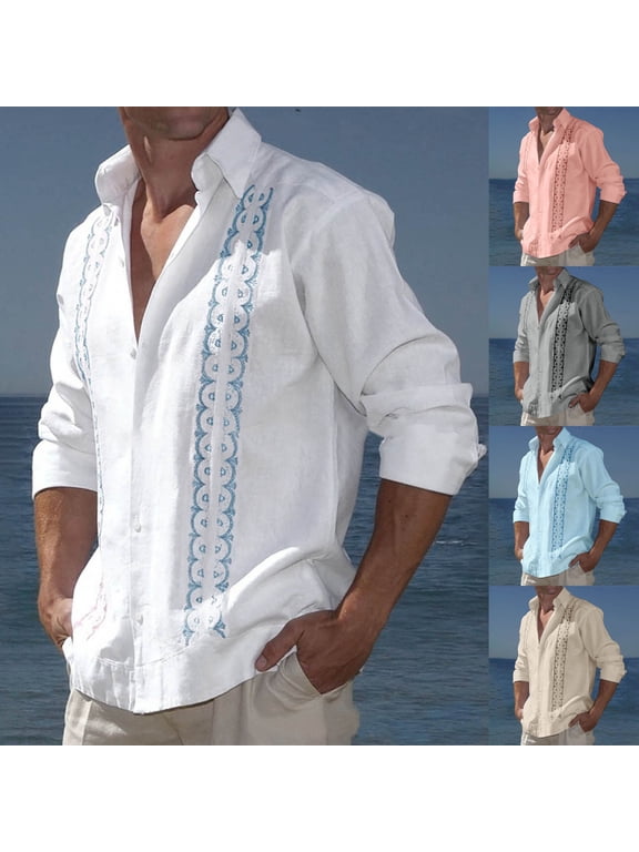 Long Sleeve T-Shirts for Men Beach Winter Linen Button down Casual Outdoor Fashion Travel Collar Mens Tops